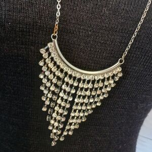 Long Silvertone Necklace With Cascading Rhinestones Shimmer Bling